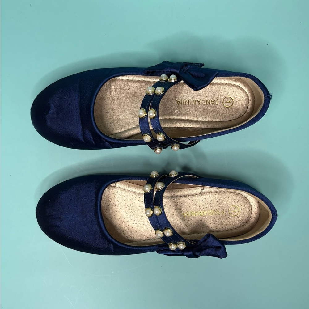 Pandaninjia Navy Kids Dress Shoes with Pearl Strap and Bow Accents